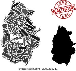 Vector addiction mosaic map of Lugo Province. Grunge healthcare round red seal stamp. Concept for narcotic addiction and healthcare proclamations.