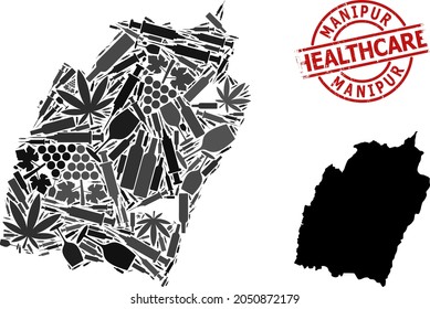 Mapa de mosaicos de adicción al vector del estado de Manipur. La atención de salud se rajó con una placa roja. Concepto de adicción a los estupefacientes y proclamas de atención de la salud.