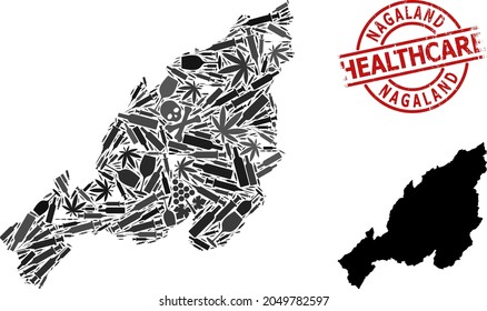 Mapa del mosaico de la adicción al vector del estado de Nagaland. Humedeces de sanidad alrededor de la huella roja. Plantilla para drogadicción y agitación sanitaria.