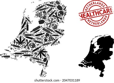 Mapa de mosaicos de adicción a vectores de los Países Bajos. Grunge la atención de salud alrededor de la imitación de goma roja. Plantilla para adicción a los narcóticos y propaganda de salud.