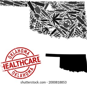 Vector addiction mosaic map of Oklahoma State. Scratched healthcare round red imprint. Template for narcotic addiction and healthcare doctrines. Map of Oklahoma State is done from injection syringes,