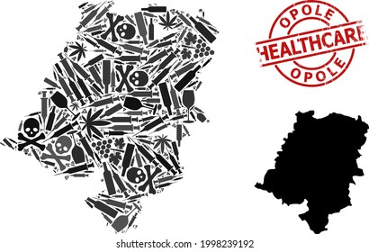 Vektor Sucht Mosaik Karte der Provinz Opole. Gesundheitsfürsorge rund um den roten Button. Konzept für Suchtstoffe und Plakate für das Gesundheitswesen. Karte der Provinz Opole wird mit Injektionsnadeln, Toxin,