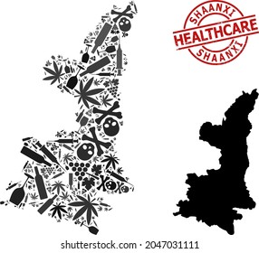 Mapa de mosaicos de adicción al vector de la provincia de Shaanxi. Cuidados de salud crachados con foca roja. Plantilla para la adicción a los narcóticos y afiches de atención médica.