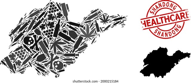 Vector addiction mosaic map of Shandong Province. Rubber healthcare round red rubber imitation. Template for narcotic addiction and medical projects.