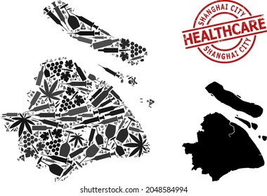 Vector addiction mosaic map of Shanghai Municipality. Rubber health care round red imprint. Template for narcotic addiction and health care purposes.