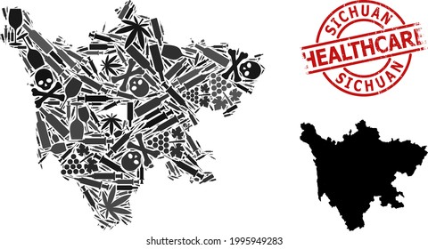 Vector addiction mosaic map of Sichuan Province. Rubber healthcare round red seal stamp. Concept for narcotic addiction and healthcare collages.