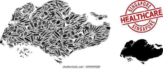 Vector addiction mosaic map of Singapore. Scratched healthcare round red badge. Template for narcotic addiction and medicine purposes. Map of Singapore is made of inoculation syringes, skull,