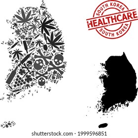 Vector addiction mosaic map of South Korea. Rubber healthcare round red rubber imitation. Template for narcotic addiction and health care propaganda.