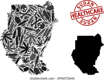 Mapa de mosaico de adicción al vector de Sudán. Grunge la imitación de caucho rojo. Concepto de adicción a los narcóticos y doctrinas de medicina. El mapa de Sudán está hecho de jeringas para inyección tóxicas,