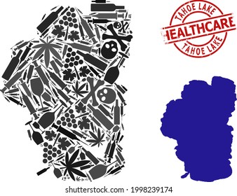 Vector addiction mosaic map of Tahoe Lake. Grunge health care round red seal stamp. Template for narcotic addiction and health care posters. Map of Tahoe Lake is constructed of injection needles,