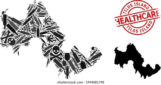 Vector addiction mosaic map of Tilos Island. Grunge health care round red badge. Concept for narcotic addiction and medical posters. Map of Tilos Island is made with inoculation needles, toxic, abuse,