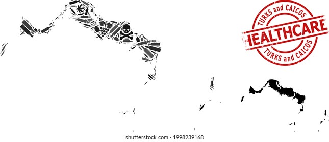 Mapa de mosaicos de adicción a vectores de las Islas Turcas y Caicos. Cuidados de caucho con insignia roja. Concepto de adicción a los narcóticos y agitprop de atención de salud.