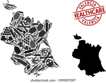 Vector addiction mosaic map of Valencia Province. Scratched healthcare round red imprint. Template for narcotic addiction and medicine collages.