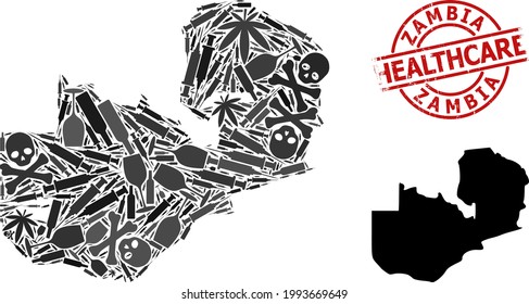 Vector addiction mosaic map of Zambia. Rubber healthcare round red stamp. Concept for narcotic addiction and medicine proclamations. Map of Zambia is made with injection syringes, poison, medicine,