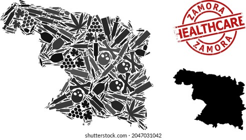 Vector addiction mosaic map of Zamora Province. Rubber healthcare round red badge. Concept for narcotic addiction and healthcare purposes. Map of Zamora Province is shaped with injection syringes,