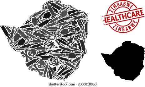 Vector addiction mosaic map of Zimbabwe. Grunge health care round red rubber imitation. Concept for narcotic addiction and health care posters. Map of Zimbabwe is shaped with inoculation needles,