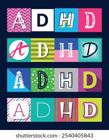 Conjunto de letras de Vector ADHD en cuadrados multicolores