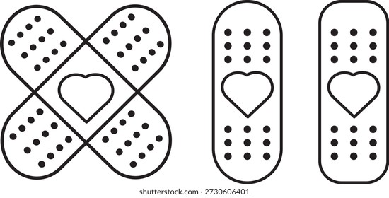 vector adhesive bandage line icon set. Modern medical healthcare and first aid symbols. Vector wound care and recovery icons. Minimalist hospital and clinic interface elements.

