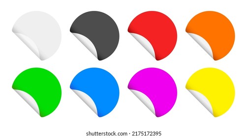 Vector adhesive round sticker with folded corner. Colored empty sticky price tags