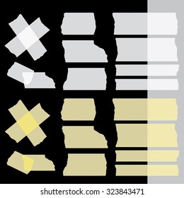 Vector adhesive tapes set on black (dark) background. Isolated. Transparent - tape up object will be see. Eps 10 vector file. 