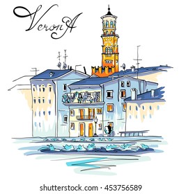 Vector Adige River Embankment and Tower Lamberti, Verona, Italy