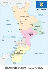 Vector administrative map of Calabria with flag in Italian language