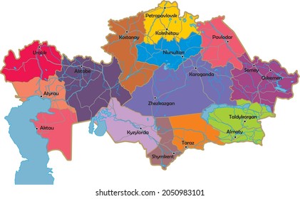Vector administrative map of Kazakhstan. Map with borders of regions, rivers, bodies of water and roads. Major cities of the country
