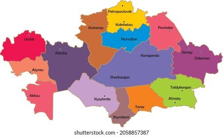 Vector administrative map of Kazakhstan. Colored country. State with regions and major cities
