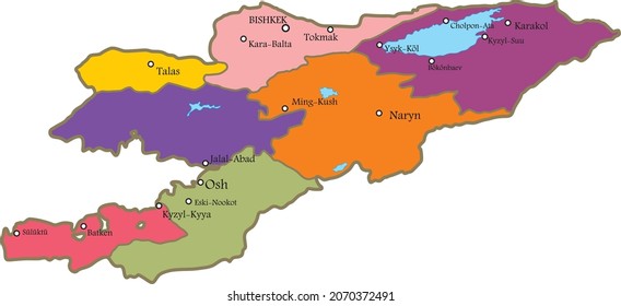 Vector administrative map of Kyrgyzstan. A republic with regional borders, lakes and large cities. Issyk-Kul on the territory
