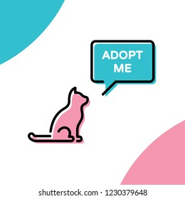 Vector Adopt Me design poster with cat. Don’t Buy banner. Linear icon illustration with speech bubble on background. Colorful linear pictogram banner showing pet adoption, homeless animals help