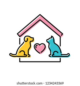 Vector Adopt A Pet design poster with cat and dog. Don’t Buy banner. Line icon illustration with house and heart on background. Colorful linear pictogram banner showing animal adoption, homeless help