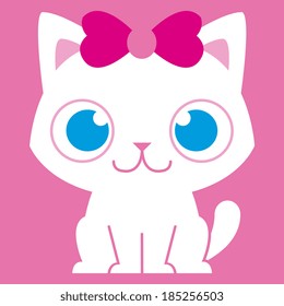 Vector Adorable Cartoon Cat With Pink Bow Isolated