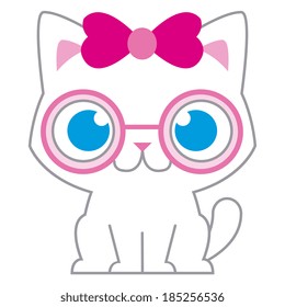 Vector Adorable Cartoon Cat With Pink Bow And Glasses
