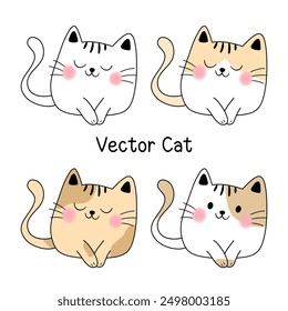 Vector of adorable cartoon cats, each with a cheerful expression and rosy cheeks, sitting in a cute and whimsical kawaii style