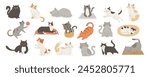 Vector Adorable Cartoon Funny Cats Collection. Flat Color Cat Icon Set - Sleeping, Stretching, Playing, Sitting. Cute Pets, Isolated on White. Vector illustration