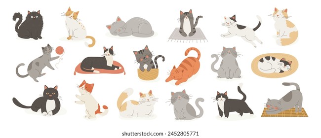 Vector Adorable Cartoon Funny Cats Collection. Flat Color Cat Icon Set - Sleeping, Stretching, Playing, Sitting. Cute Pets, Isolated on White. Vector illustration