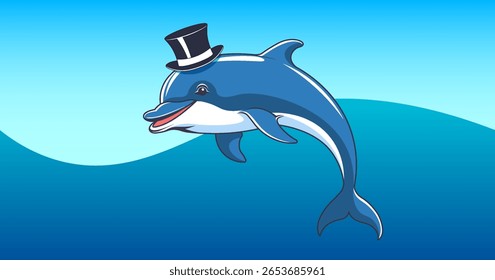 Vector adorable cartoon funny kind curved smiling dolphin in black top hat. Toon marine friendly smart mammal. Underwater beautiful fauna. Oceanic and sea nature