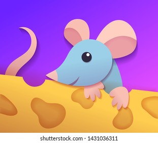 Vector adorable cartoon mouse with cheese paper cut art style template for greeting card or calendar front page