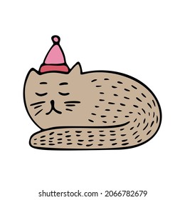 Vector adorable cat with Christmas hat in doodle style. Color illustration