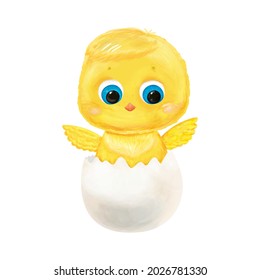 Vector Adorable Chick Isolated on White Background. Cartoon Newborn Baby Bird. Greeting Card with Funny Chicken Character in a Watercolour Style.