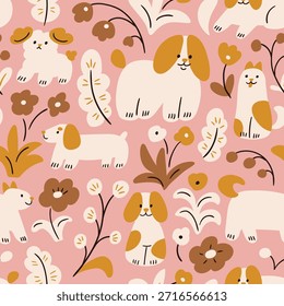 Vector adorable dog characters on the floral background. Vector animal seamless pattern for kids fabric or nursery wallpaper. Funny dog print design. 