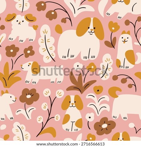 Vector adorable dog characters on the floral background. Vector animal seamless pattern for kids fabric or nursery wallpaper. Funny dog print design. 