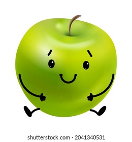 Vector Adorable Kawaii Smiling and Sitting Green Apple Isolated on White Background in Realistic and Cartoon Style.