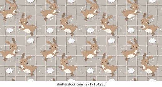 Vector of Adorable kawaii-style seamless pattern with cute rabbits and dreamy clouds, ideal for wrapping paper, kids decor, and cozy fabric prints