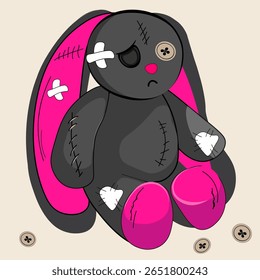 Vetor adorável, mas melancólico assustador brinquedo de pelúcia bonito - coelho com orelhas cor-de-rosa e um patch de olho em forma de botão
