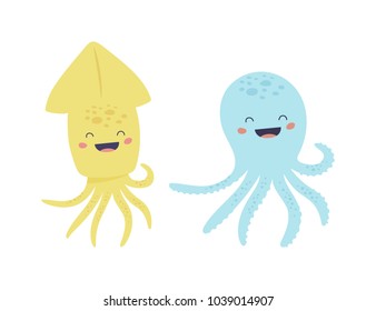 Vector adorable octopus and squid  characters set.