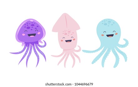 Vector adorable octopus, squid and jellyfish characters set.