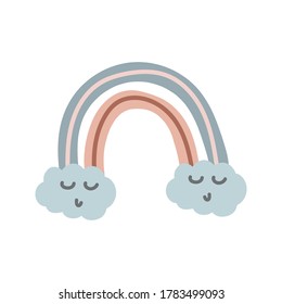 Vector adorable arco iris clipart de estilo escandinavo moderno. Graciosa, linda, higge ilustración para afiches, textiles, decoración, sala de juegos para niños o tarjeta de saludo. Impresión dibujada a mano.