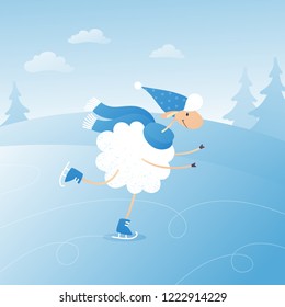 Vector adorable sheep character in Christmas flat illustration. Comiс style sheep in blue hat ice-skating outside.  Picture for Christmas and New Year square card.