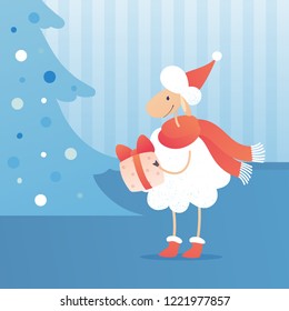 Vector adorable sheep character in winter flat illustration. Comiс style sheep in Santa's hat, scarf and boots standing on two feet near the decorated Christmas Tree. New Year artwork